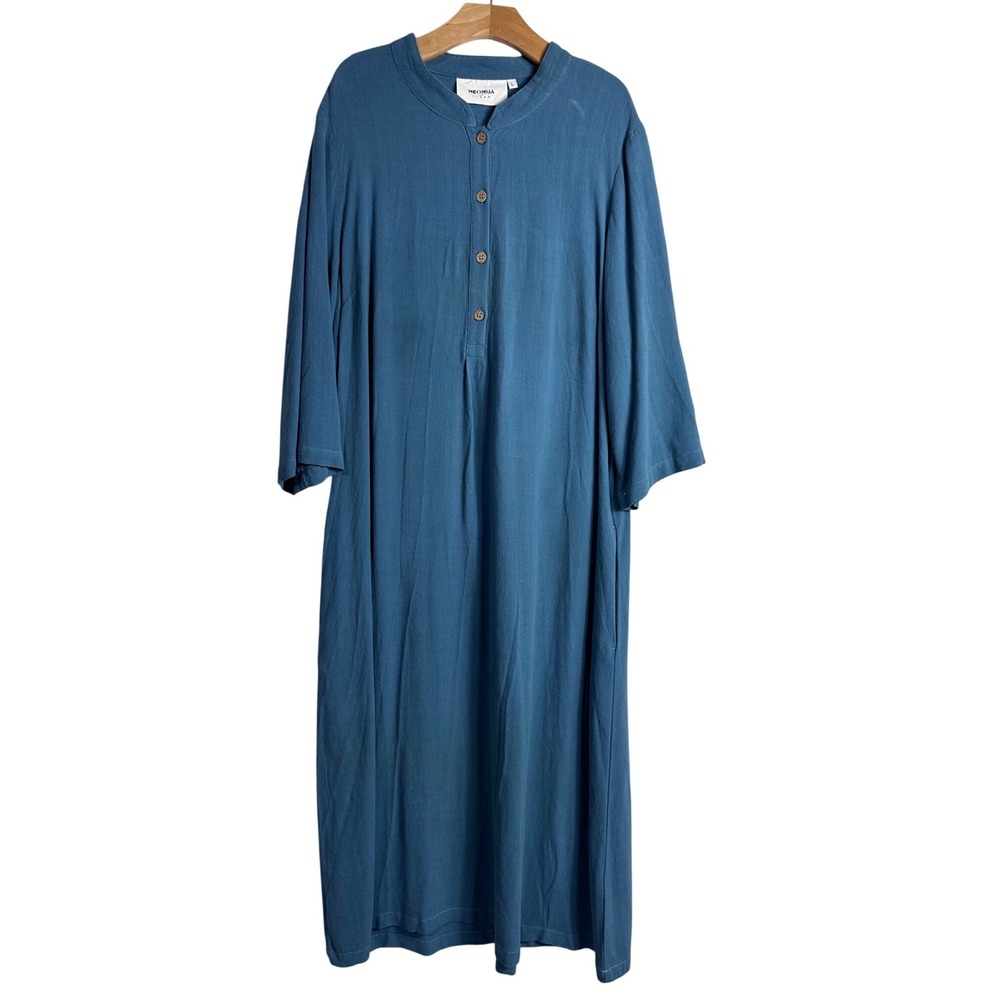 Meomua Linen Blue Henley Midi Dress Womens Large Cotton Pockets boho modest
